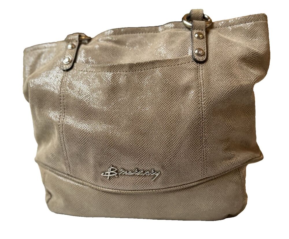 Vintage B. Makowsky Metallic Leather Tote Shoulder Bag Gold Tan Shimmer Pockets